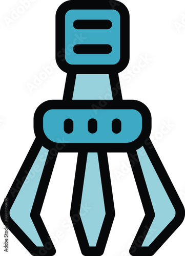 Industrial robot arm with three claws open, picking up an object, colored vector icon