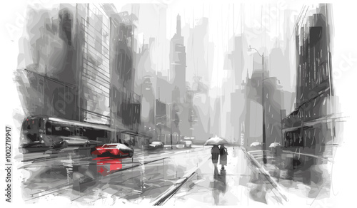 Rainy street watercolor art. Urban rain sketch pencil drawing, pedestrian people walking on sidewalk under umbrella, cars bus and skyscraper buildings vector illustration