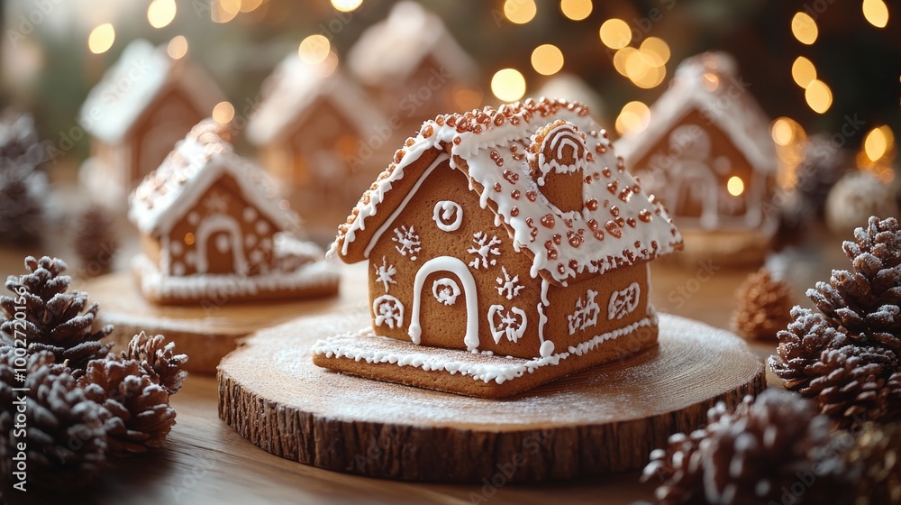 Christmas gingerbread houses on wooden table with colorful bokeh lights background Christmas gingerbread houses on wooden table with colorful bokeh lights background