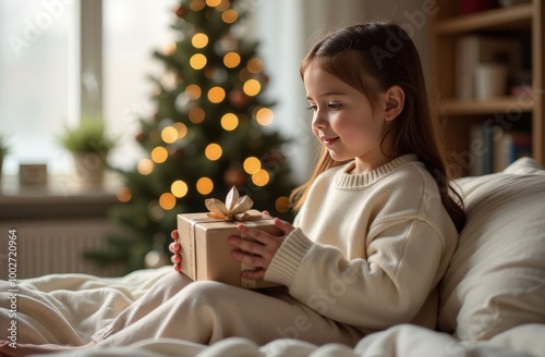 Girl unpacking New Year's gift sitting on sofa in bright apartment