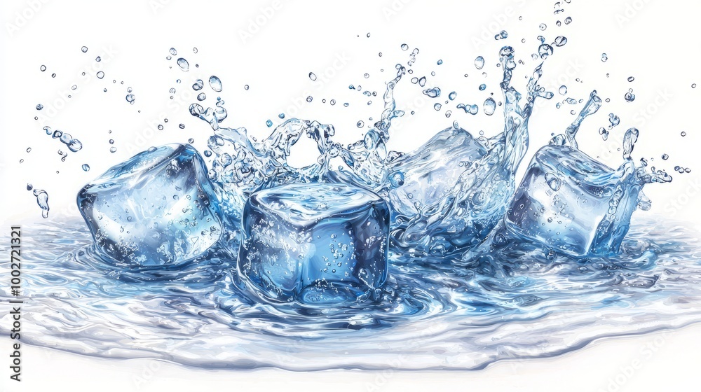 Melting ice cubes splashing into clear water Melting ice cubes splashing into clear water
