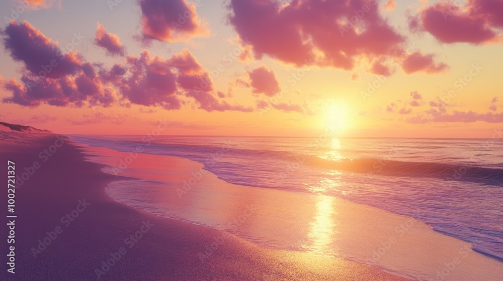 A serene beach at sunset, the sky glowing with orange and purple A serene beach at sunset, the sky glowing with orange and purple