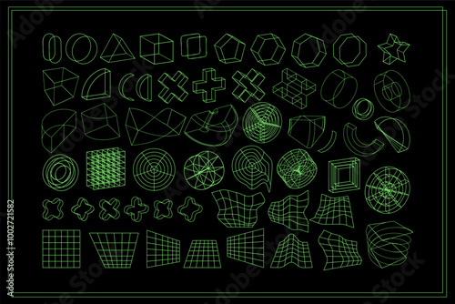 Y2K Vector Rave Psychedelic Futuristic Objects Pack in trendy neon green black style. Surreal retro abstract geometric wireframe shapes, crypto or cyberpunk elements and perspective grid symbols set. 