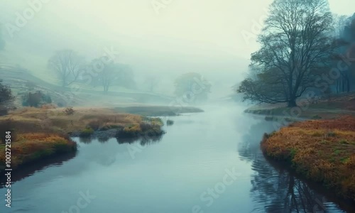 Wallpaper Mural River with a foggy sky in the background. The water is calm and the trees are bare. hyperrealistic Video Torontodigital.ca