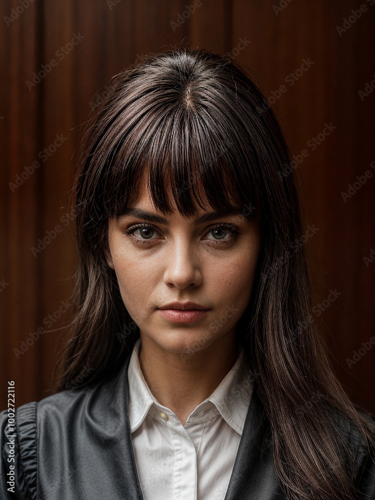 Authoritative female judge in courtroom, representing law, justice, and impartiality in legal system.
