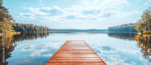 Pontoon pier on a summer lake shore, creating a peaceful scene with copy space