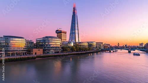 A stunning view of The Shard at sunset, reflecting vibrant colors in the Thames River.