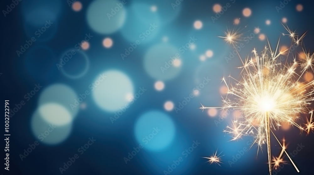 Obraz premium A vibrant sparkler burns brightly against a backdrop of soft, blue bokeh lights, creating a festive and celebratory atmosphere.