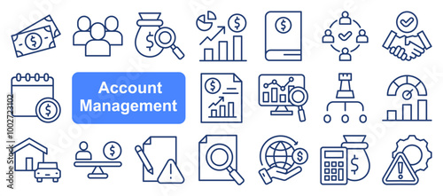 Account management icon collection set. Containing client engagement, retention, sales support, verified, business presentation, contract negotiation, upselling icon. Simple line vector illustration.