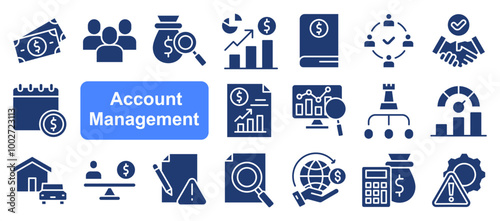 Account management icon collection set. Containing client engagement, retention, sales support, verified, business presentation, contract negotiation, upselling icon. Simple line vector illustration.