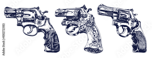 Revolvers sketches set. Revolver vintage gun, wild west weapon tattoo sketch lady gentelman pistol retro handgun cowboy or old officer classic guns drawing vector illustration