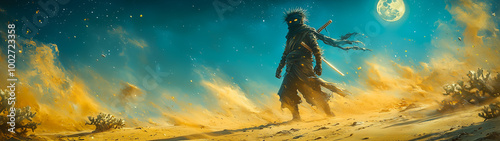 A spiky cactus dressed as a ninja, complete with a black bandana and tiny swords sticking out of its body. The cactus warrior moves with agility, leaping across desert dunes under the moonlight. photo