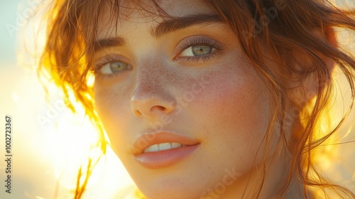 Close-up of young woman with natural beauty and glowing skin at sunset, for skincare and cosmetic advertising