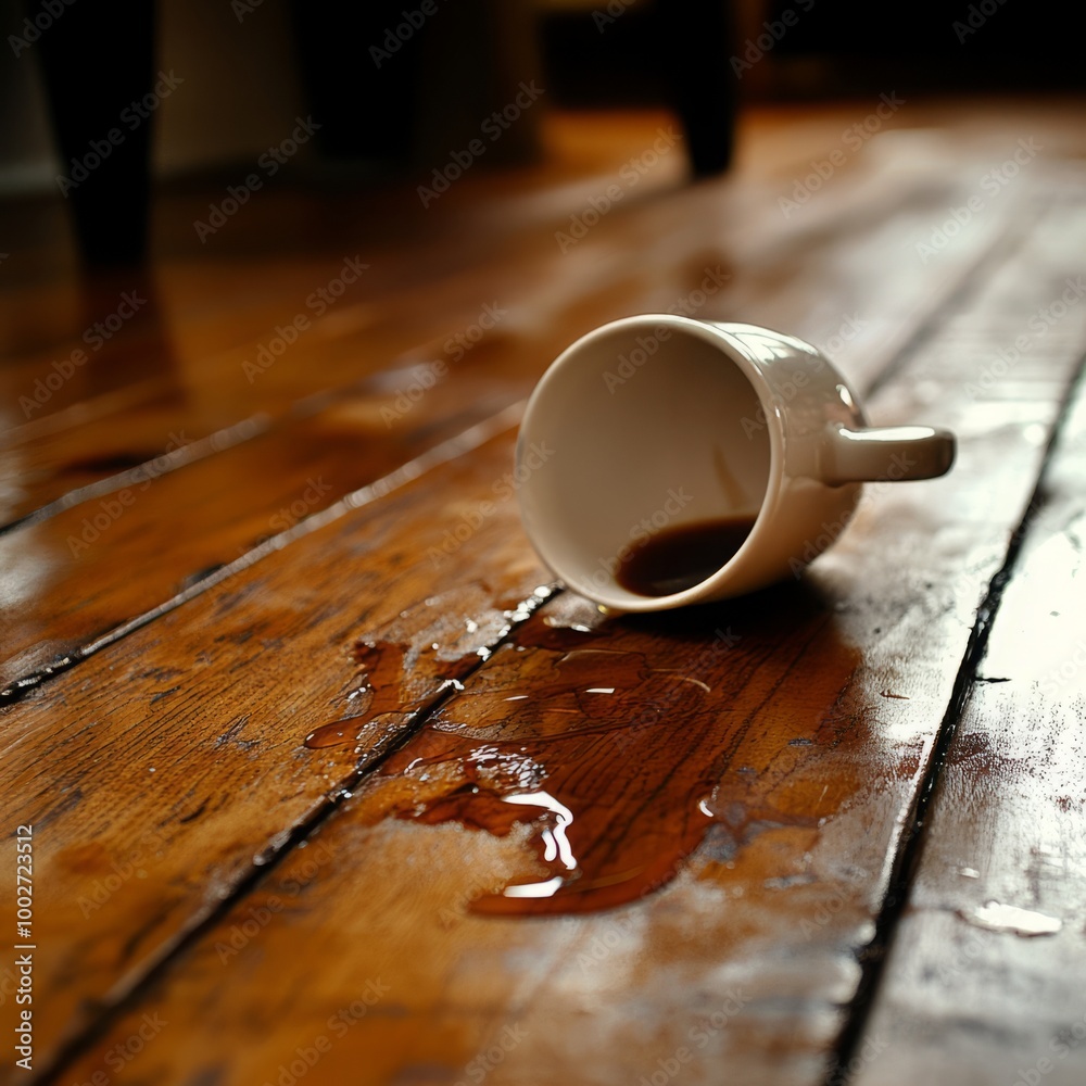 White cup with spilled drink on wooden floor