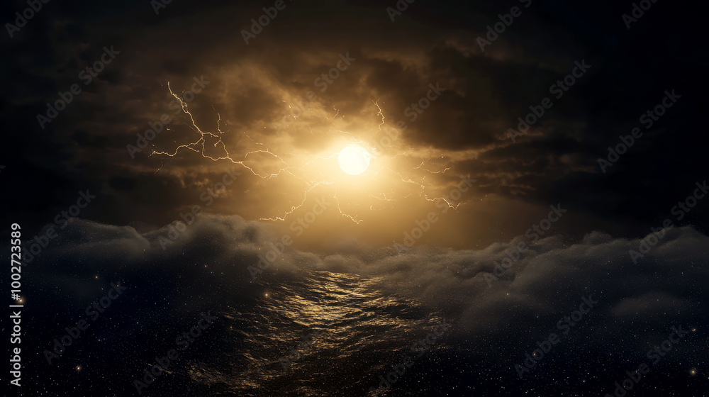 Naklejka premium Dramatic storm clouds with lightning and sun rays