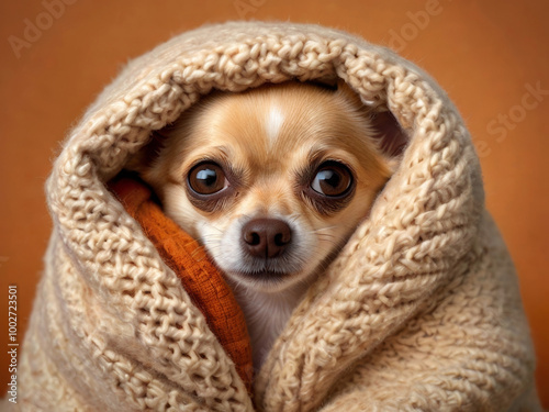 Chihuahua dog wrapped in a beige blanket