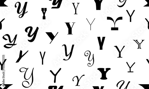 Vector seamless alphabet pattern with black bold latin letters. White repeatable unusual background. Fashion trendy design. Seamless black alphabet pattern on white. Letter y