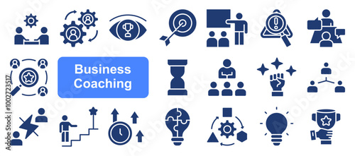Business coaching icon set with communication skills, executive, solution, training, mentoring, problem solving, adaptability, business acumen, and strategic agility.
