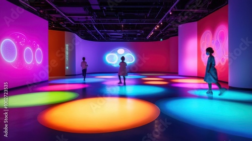 Futuristic playground with interactive LED floors, AI-controlled play structures, and holographic games projected onto large colorful surfaces photo