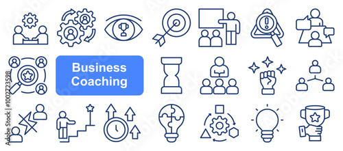 Business coaching icon set with communication skills, executive, solution, training, mentoring, problem solving, adaptability, business acumen, and strategic agility.