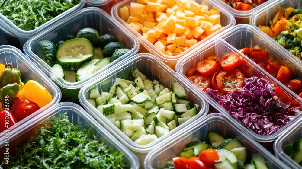 A variety of healthy vegetable salads neatly arranged in plastic lunch boxes, emphasizing a convenient and nutritious meal option. Perfect for on-the-go lifestyles.