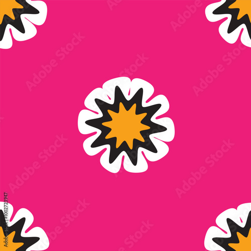 Seamless pattern of geometric flowers on pink background