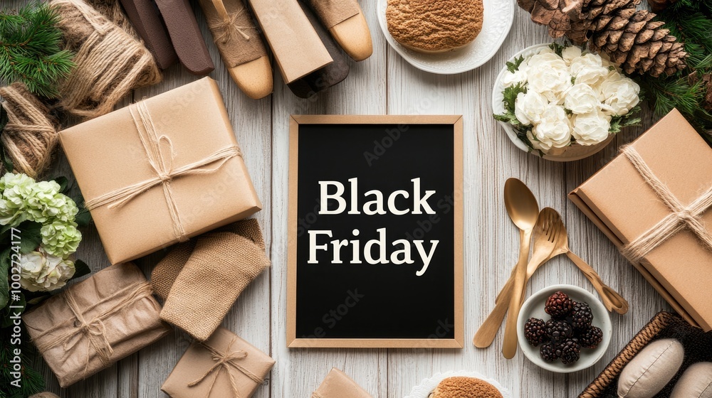 A beautifully arranged table showcases a Black Friday theme with stylish cutlery, a plate, and decorative gifts, all on a clean surface against a captivating dark background A beautifully arranged table showcases a Black Friday theme with stylish cutlery, a plate, and decorative gifts, all on a clean surface against a captivating dark background