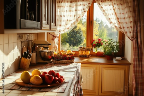  A charming kitchen with wooden cabinets and a sunny window view, decorated with fresh fruits and floral curtains