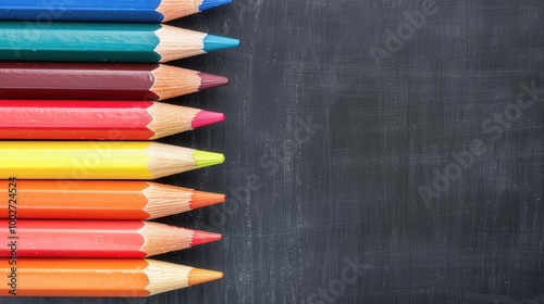 Vibrant Pencils on Chalkboard, an artistic display of colorful pencils arranged neatly on a chalkboard, ideal for creative and educational purposes, inviting inspiration and learning