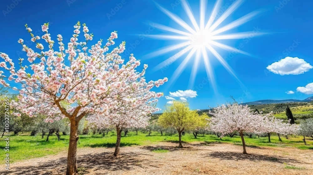 Sunny Blooming Almond Trees in Scenic Grove Sunny Blooming Almond Trees in Scenic Grove