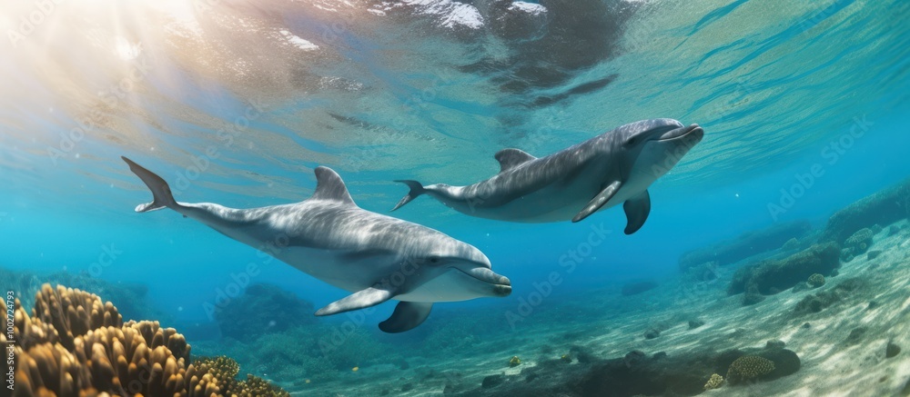 Fototapeta premium Two Dolphins Swimming in Sunlight Underwater