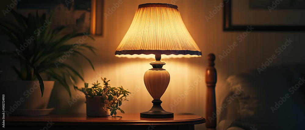 Soft glow from a lamp in a dim room, creating a cozy ambiance with copy space for lifestyle designs Soft glow from a lamp in a dim room, creating a cozy ambiance with copy space for lifestyle designs