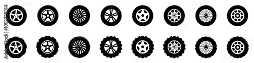 Car tire and wheel icon, Black tire and wheel rim icon. Vector illustration.