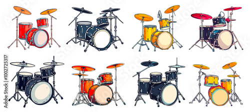 Rock drums set. Musical percussion drum instrument, sound concert music band kit metal cymbal beat cartoon vector illustration