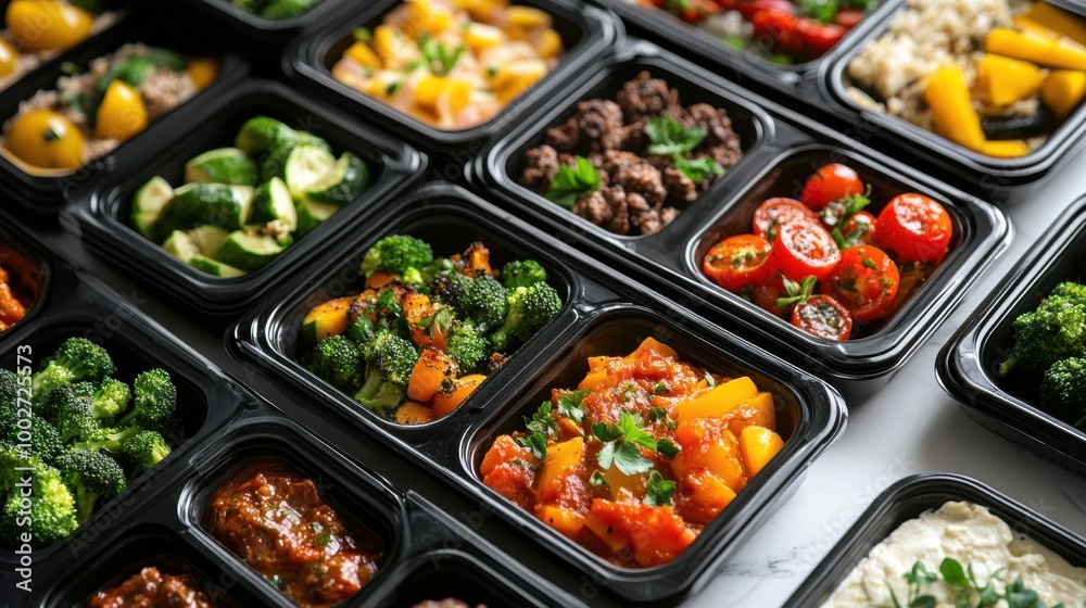 A variety of meal prep containers with healthy, balanced meals ready for delivery or takeaway, promoting nutritious eating. A variety of meal prep containers with healthy, balanced meals ready for delivery or takeaway, promoting nutritious eating.