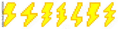 Pixel lightning icons set. Thunderstorm, lightning strike. 8-bit pixel graphics.
Vector illustration.