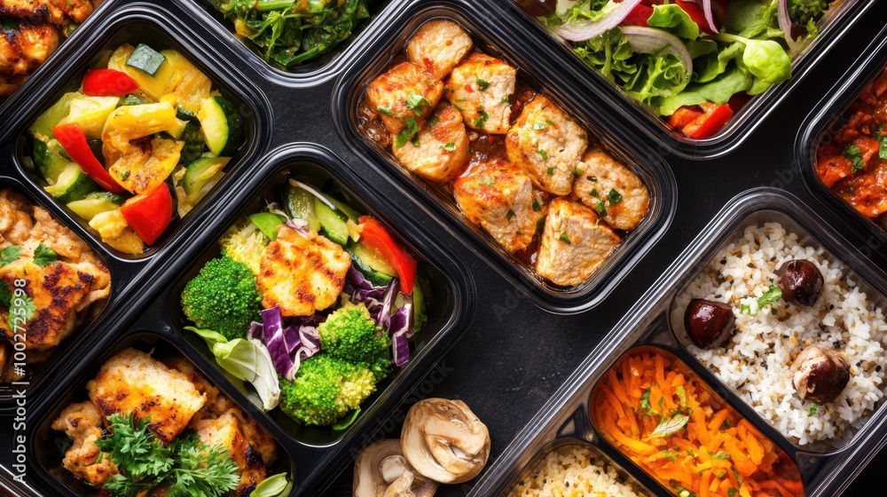 A variety of meal prep containers with healthy, balanced meals ready for delivery or takeaway, promoting nutritious eating. A variety of meal prep containers with healthy, balanced meals ready for delivery or takeaway, promoting nutritious eating.