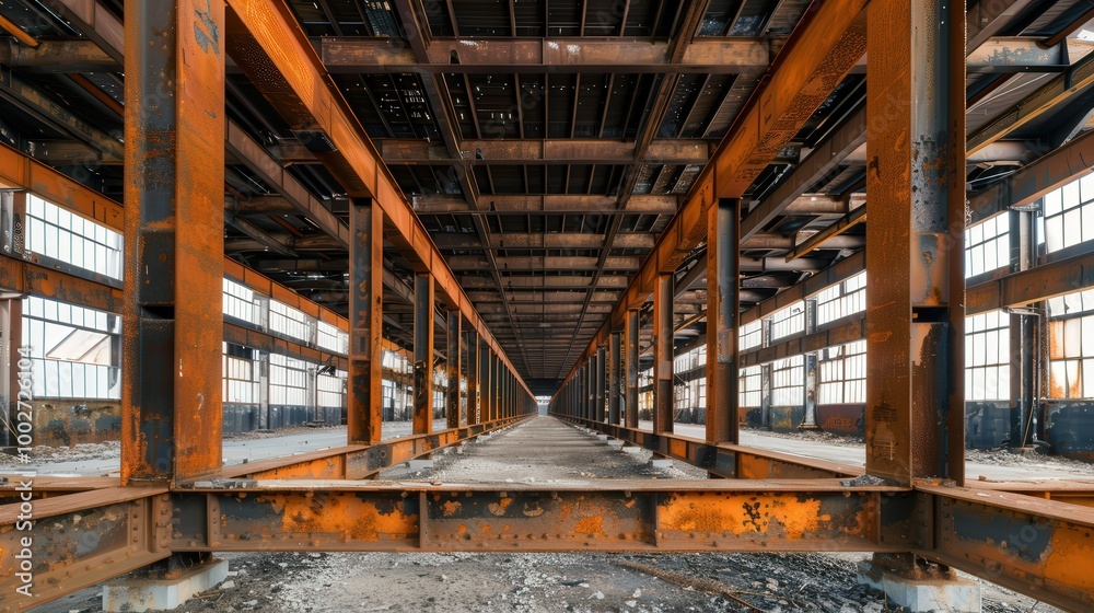 Abandoned Industrial Site, a silent factory with rusting metal beams, broken windows, echoes of the past, a haunting reminder of industry’s forgotten era.