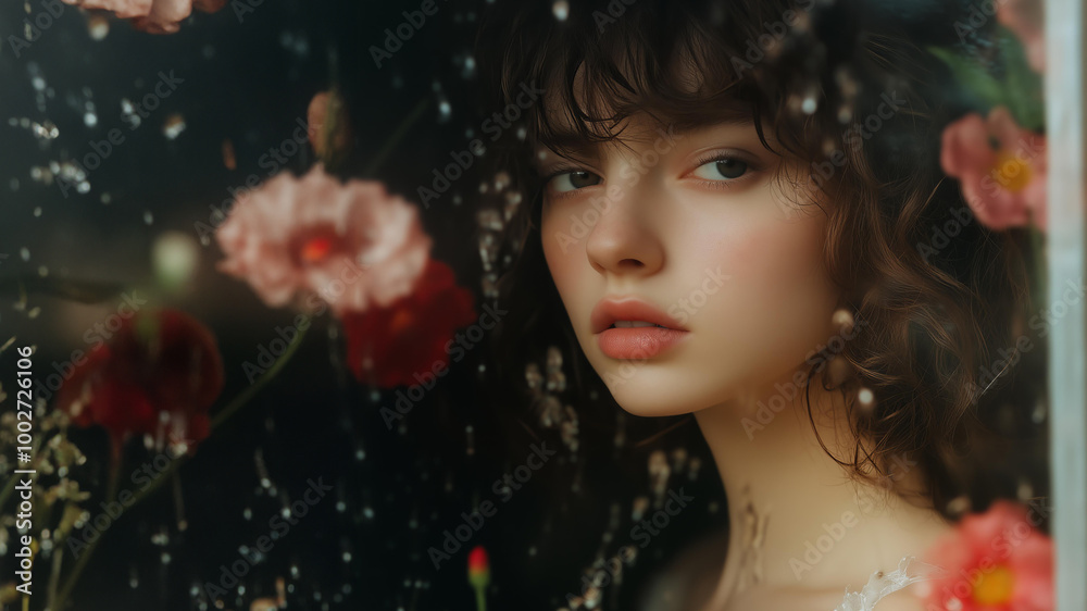 woman stands behind a glass pane, gazing outward. In front of her, an explosion of flowers and raindrops creates a captivating scene. She has curly brown hair with bangs, wearing a white dress woman stands behind a glass pane, gazing outward. In front of her, an explosion of flowers and raindrops creates a captivating scene. She has curly brown hair with bangs, wearing a white dress