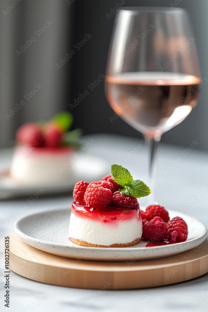 panna cotta with berries and red sauce on top, sitting on a white plate on a wooden board. In the background, there is another panna cotta with more fruit on it, on a light grey marble table. panna cotta with berries and red sauce on top, sitting on a white plate on a wooden board. In the background, there is another panna cotta with more fruit on it, on a light grey marble table.