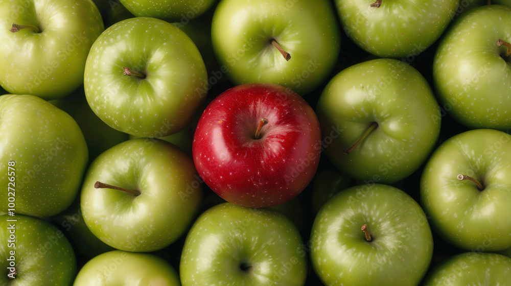 Vibrant Red Apple Surrounded by Lush Green Apples, a striking visual of fresh produce showcasing bold color contrast and inviting textures with soft illumination. Vibrant Red Apple Surrounded by Lush Green Apples, a striking visual of fresh produce showcasing bold color contrast and inviting textures with soft illumination.