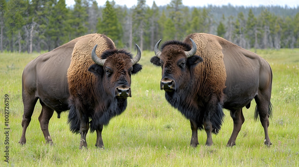 Two majestic bison standing side by side in a lush green meadow. Two majestic bison standing side by side in a lush green meadow.