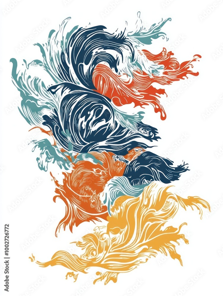 Abstract design with swirling lines and colors in blue, orange, and yellow. Abstract design with swirling lines and colors in blue, orange, and yellow.