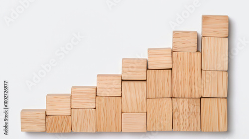 Wooden blocks arranged as a bar graph on a clean white background, representing business growth, stability, and progress in a visually engaging manner