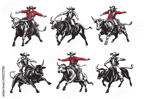 Rodeo logo sketches. Cowboy silhouette riding bull black emblems, american texas ranch sport man in cowboys hat ride cow wild west western label vector illustration