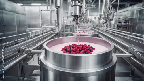 Industrial yogurt and berry blending in a fully automated factory line.