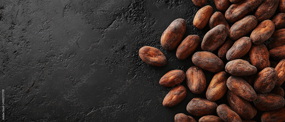 Unpeeled raw cocoa beans on sleek black concrete, flat lay with copy space for chocolate or beverage concepts Unpeeled raw cocoa beans on sleek black concrete, flat lay with copy space for chocolate or beverage concepts
