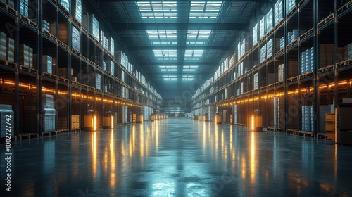 Warehouse with shelves and automated guided vehicles