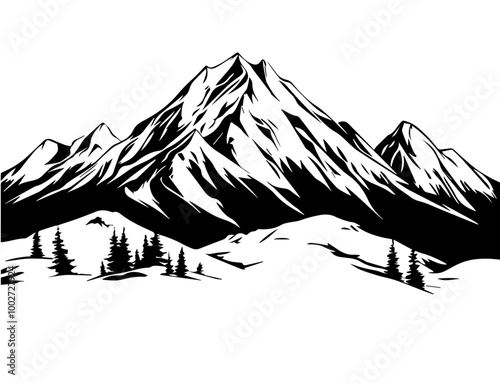 black and white mountain range with trees wall art, symbolic landscapes stencil art outdoor scenes vector illustration