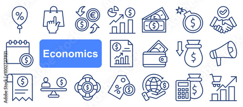 economic icons set. Money, cash, bank, check, profit, payment, wallet. Business collection. Vector.